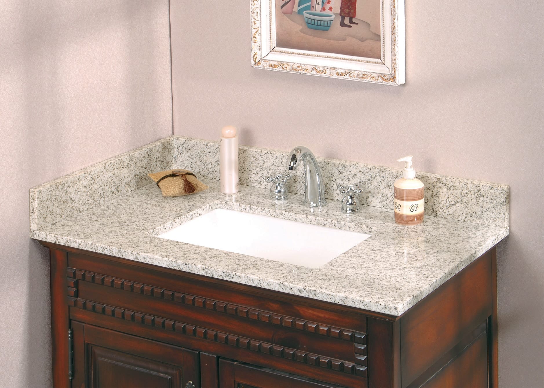 Golden Hill / 37"x22"x3/4" / Single Bowl / Eased Edge / 3 holes at 8" offset Granite Vanity Top with UM Trough Bowl 0