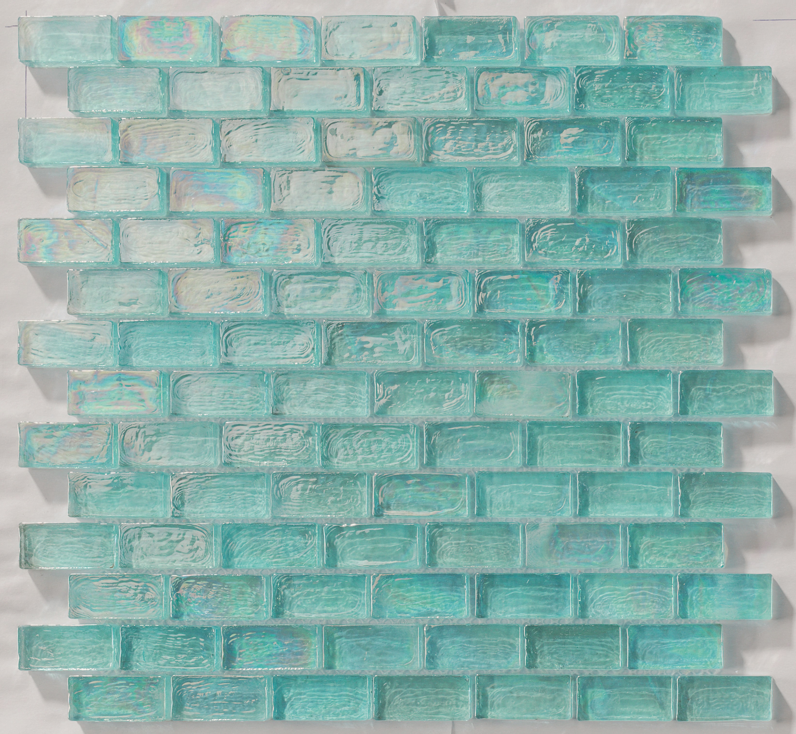 GLASS MOSAIC / 12" X 12" / GLOSSY IRIDESCENT EFFECT AQUAMARINE 1" X 2" GLASS MOSAIC BRICK SHAPE - POOL MOSAIC 0