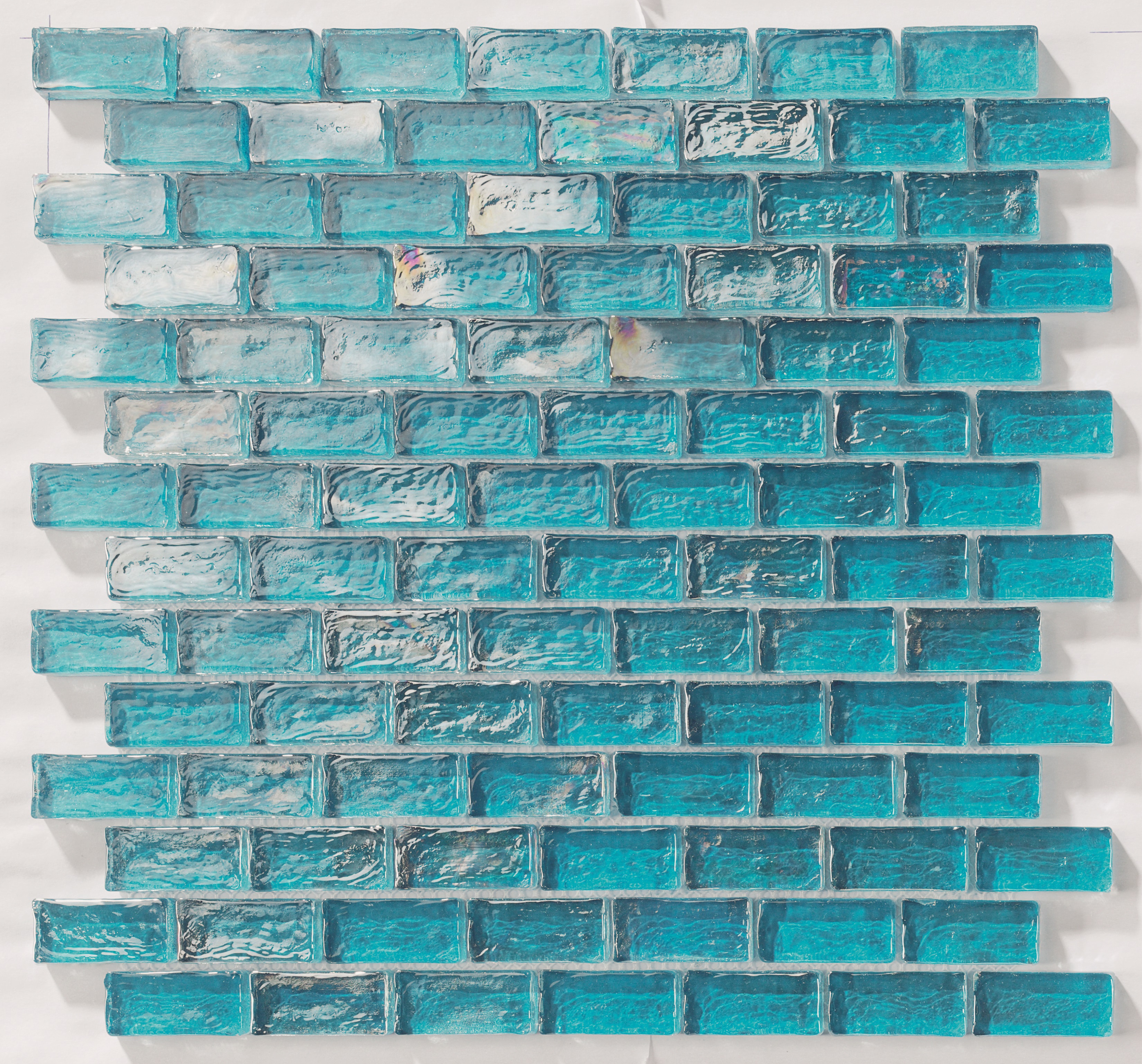 GLASS MOSAIC / 12" X 12" / GLOSSY IRIDESCENT EFFECT TURQUOISE 1" X 2" GLASS MOSAIC BRICK SHAPE - POOL 0