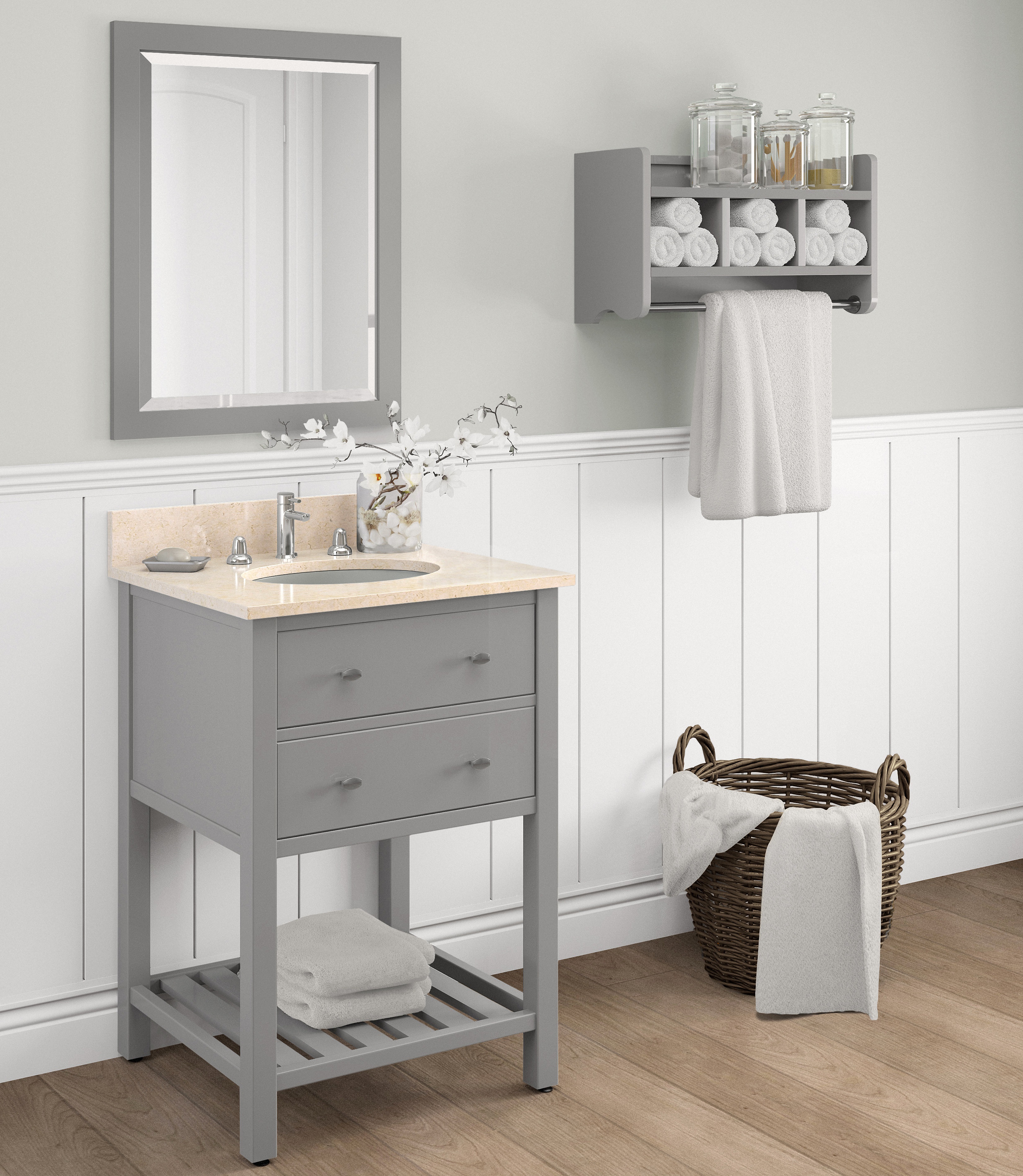 Traditional / Gray with Galala Beige Top Harrison Bath Vanity with 25" Marble Sink Top, Shelf and Mirror Set 0