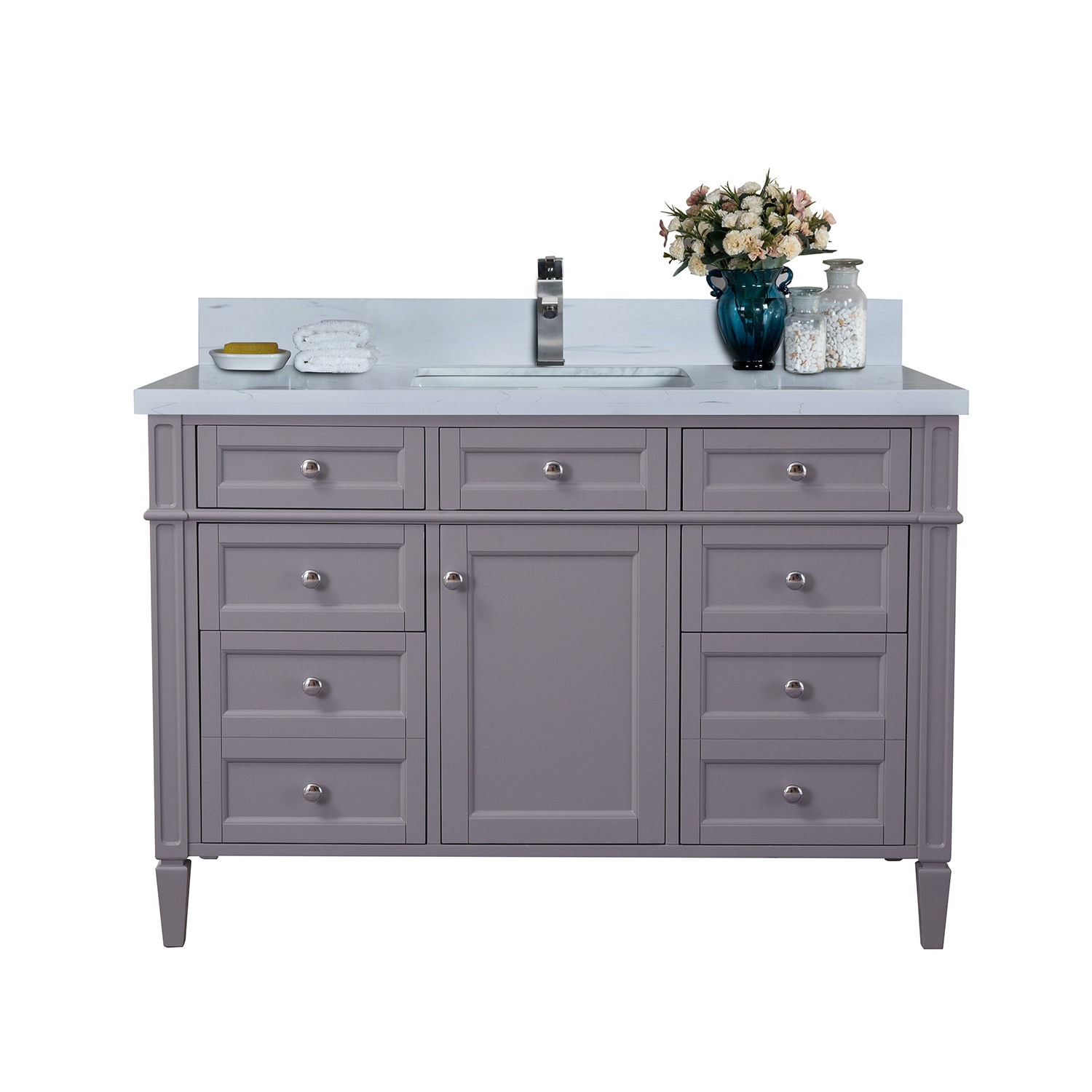 Traditional / 48" / Porcelain Sink / White Quartz Top / Soft-Closing Bathroom Vanities - Sorel White 0