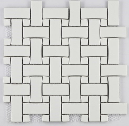 White Matte w/White Matte Dot / Matte Finish Porcelain Mosaic Basketweave Pattern 0