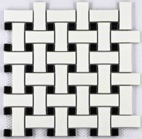 White Matte w/Black Gloss Dot / Matte Finish with Glazed Insert Porcelain Mosaic Basketweave Pattern 0