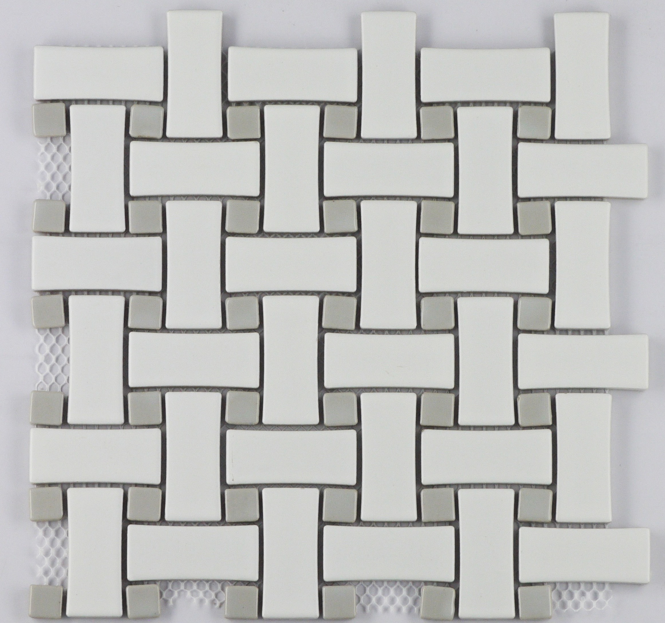 White Matte w/ Grey Gloss Dot / Matte Finish with Glazed Insert Porcelain Mosaic Basketweave Pattern 0