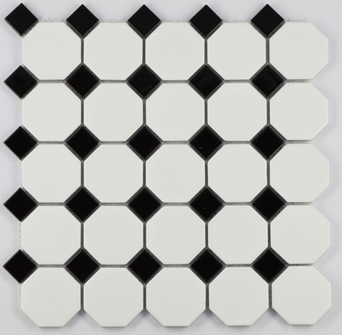 2-1/4" White Matte w/1" Black Gloss Dot / Matte Finish with Glazed Insert Porcelain Mosaic Octagon White Matte 0