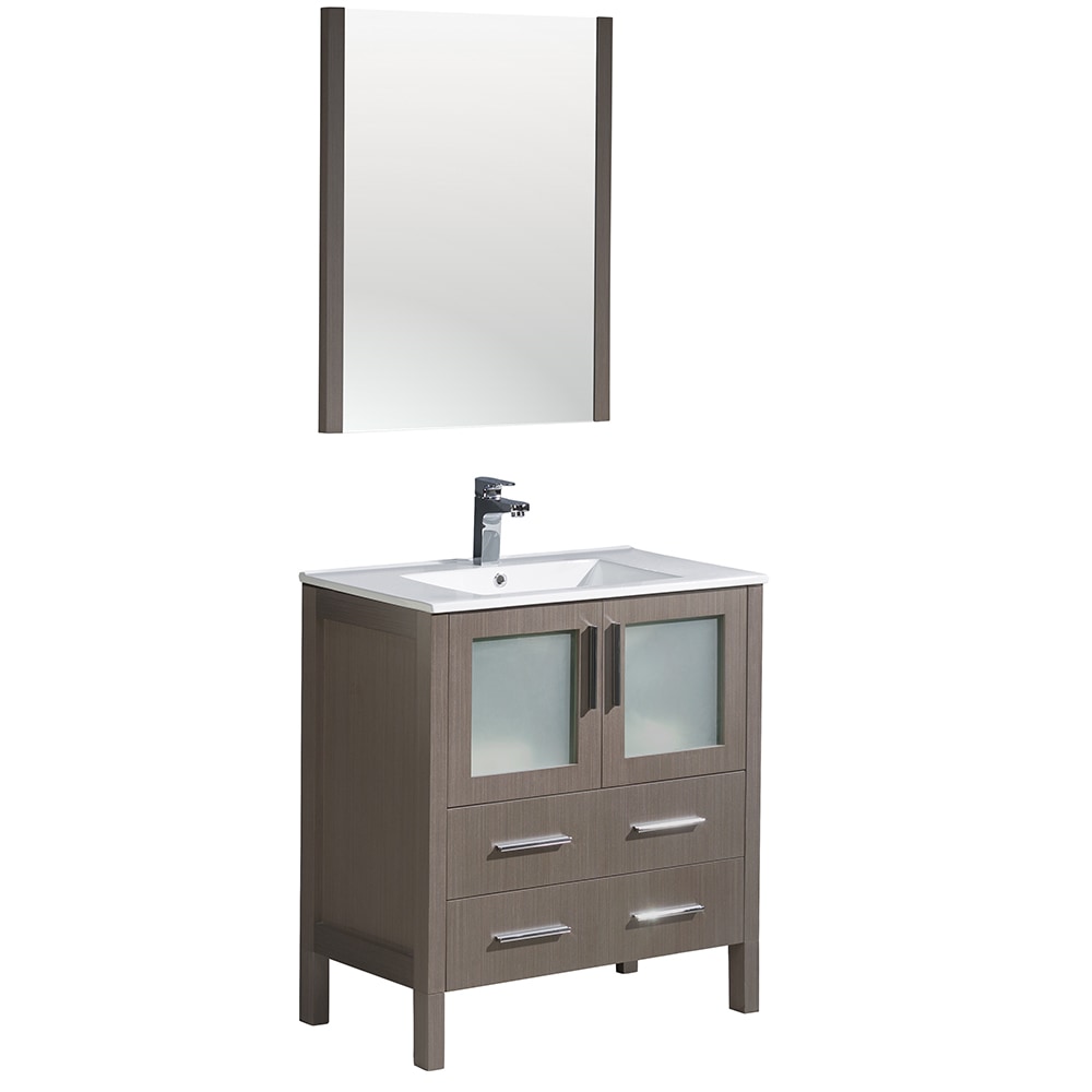 30" / Single Hole Mount / White / Gray Oak Torino Contemporary Free Standing Plywood 0