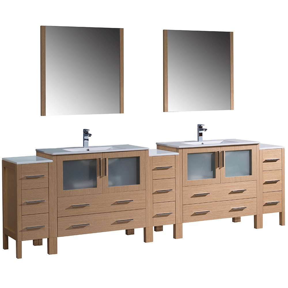 Integrated Sinks / White / Light Oak Torino 108" Modern Double Sink Bathroom Vanity with 3 Side Cabinets 0