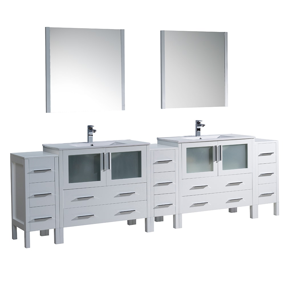 Integrated Sinks / White / White Torino 108" Modern Double Sink Bathroom Vanity with 3 Side Cabinets 0