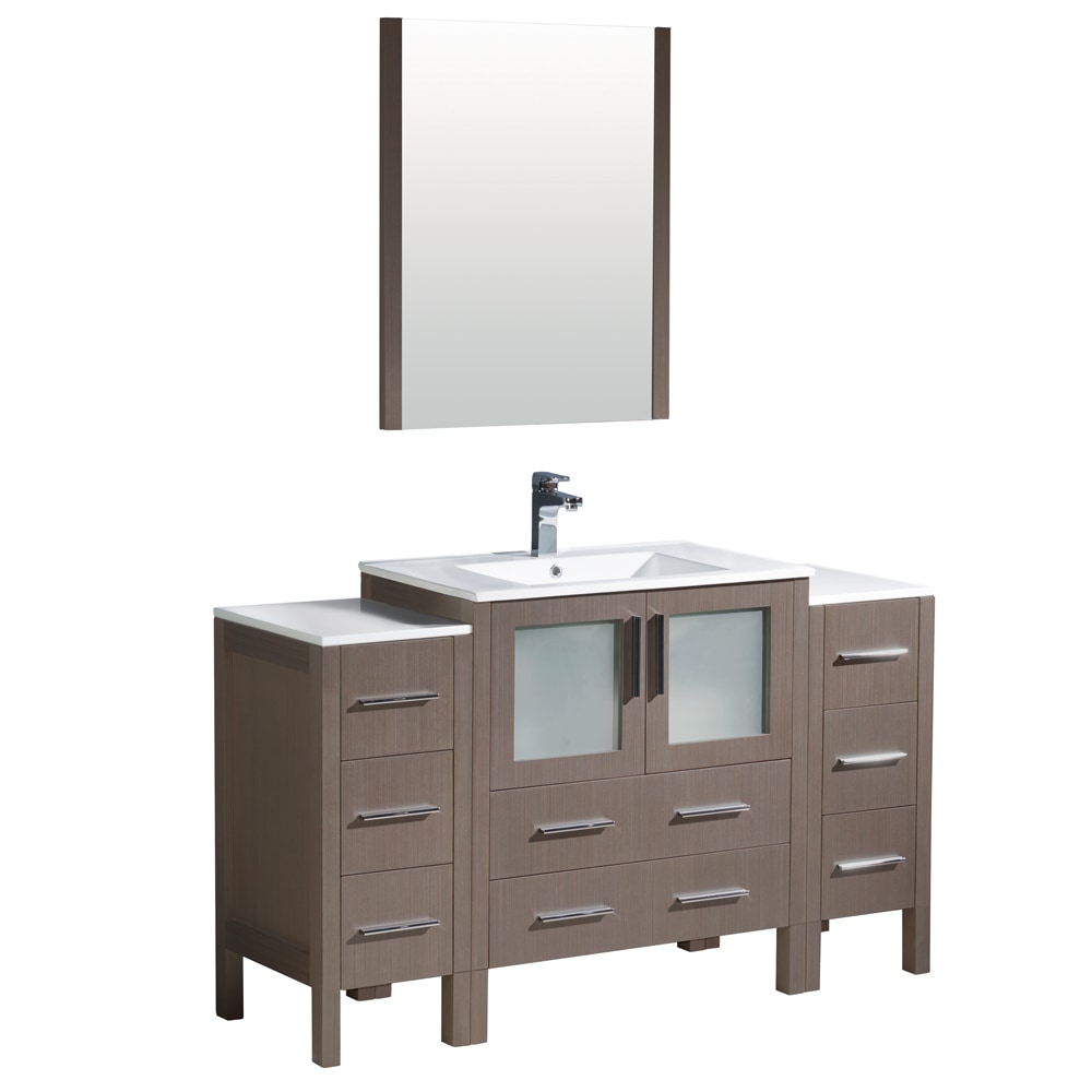 Integrated Sink / White / Gray Oak Torino 54" Modern Bathroom Vanity with 2 Side Cabinets 0