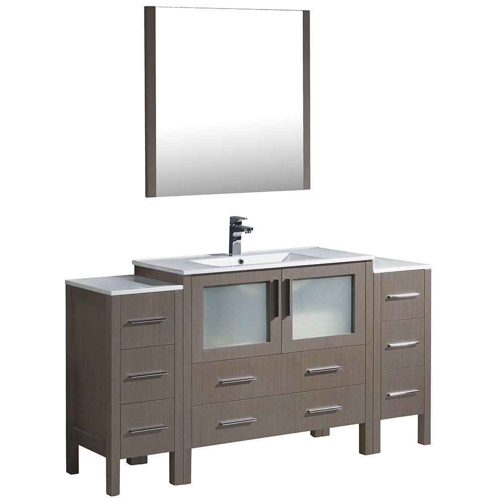 Integrated Sink / White / Gray Oak Torino 60" Modern Bathroom Vanity with 2 Side Cabinets 0