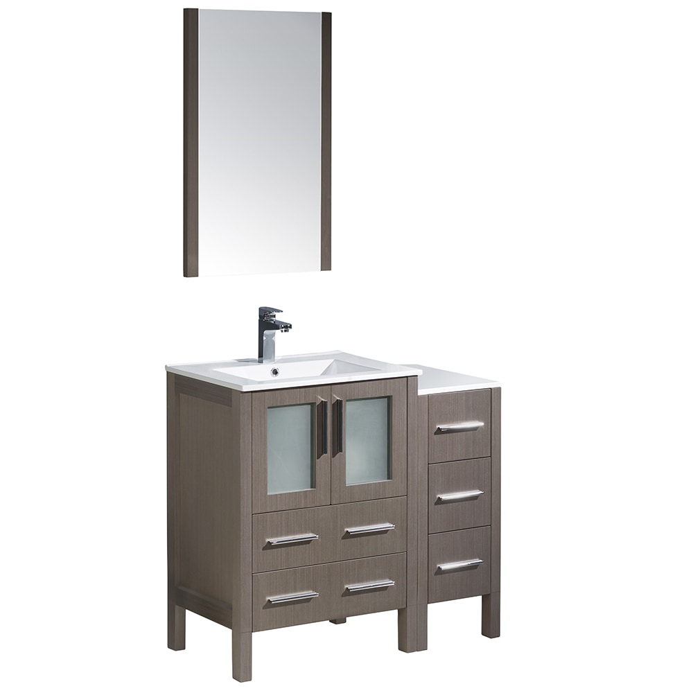 Integrated Sinks / White / Gray Oak Torino 36" Modern Bathroom Vanity with Side Cabinet 0