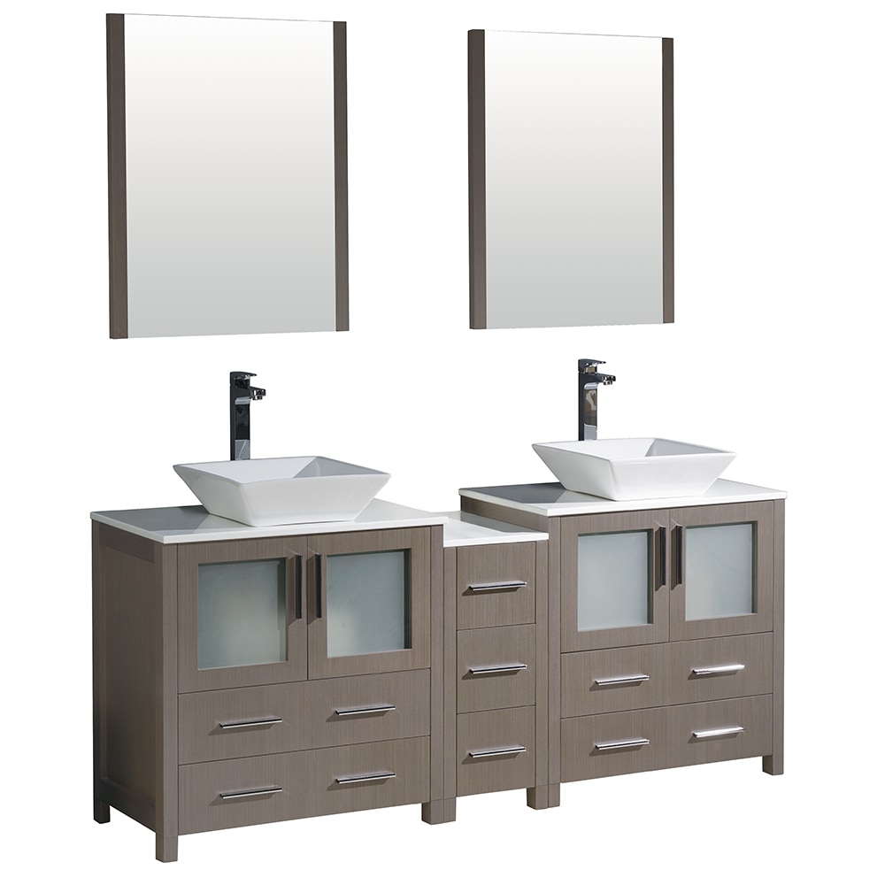 Vessel Sinks / White / Gray Oak Torino 72" Modern Double Sink Bathroom Vanity with Side Cabinet 0