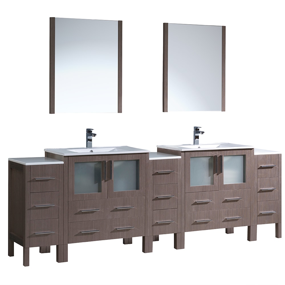 Integrated Sinks / White / Gray Oak Torino 96" Modern Double Sink Bathroom Vanity with 3 Side Cabinets 0