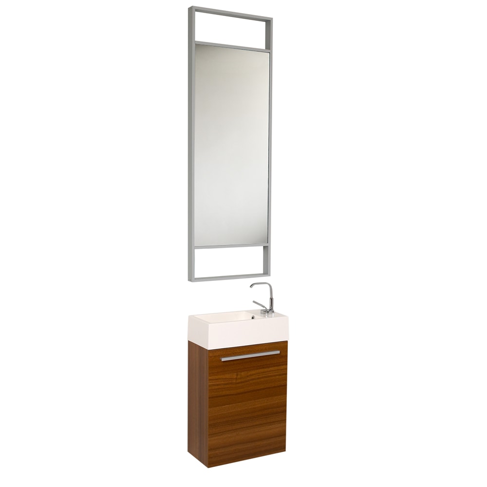 White / Teak Pulito Small Modern Bathroom Vanity with Tall Mirror 0