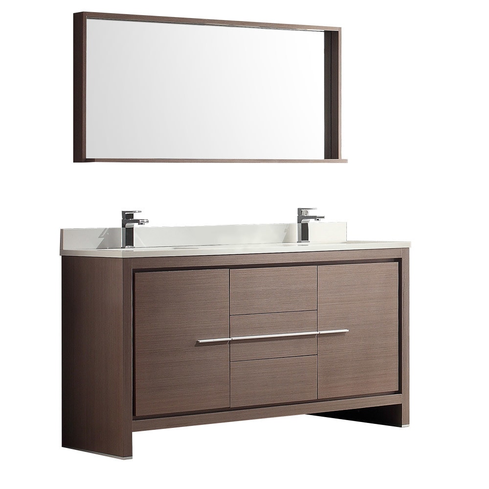 White / Gray Oak Allier 60" Modern Double Sink Bathroom Vanity with Mirror 0