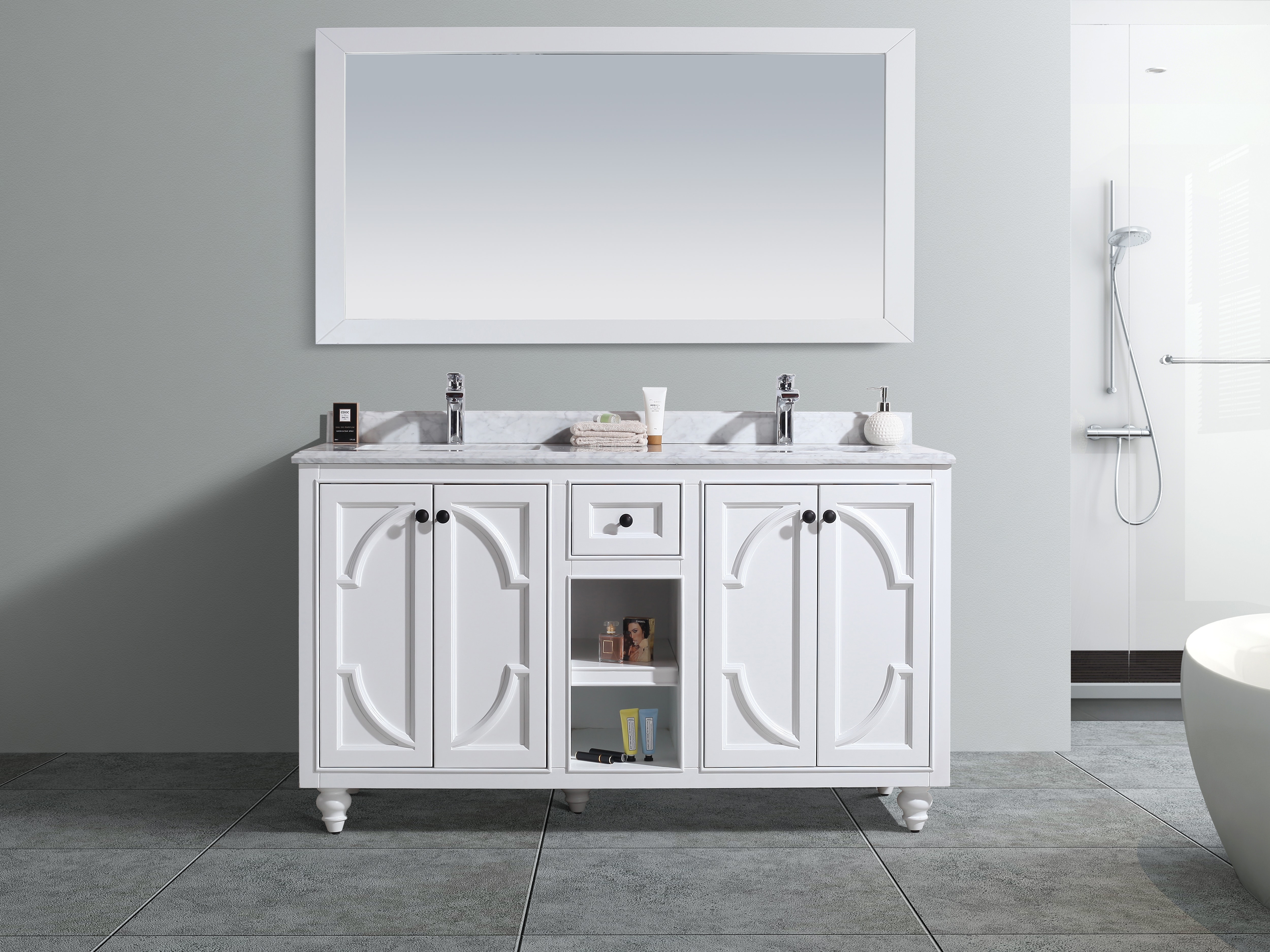 Traditional / 60" / White Carrara Marble / Undermount Sink / 1 / Double Ogee / White / White / Soft Closing Odyssey Cabinet and Countertop 0
