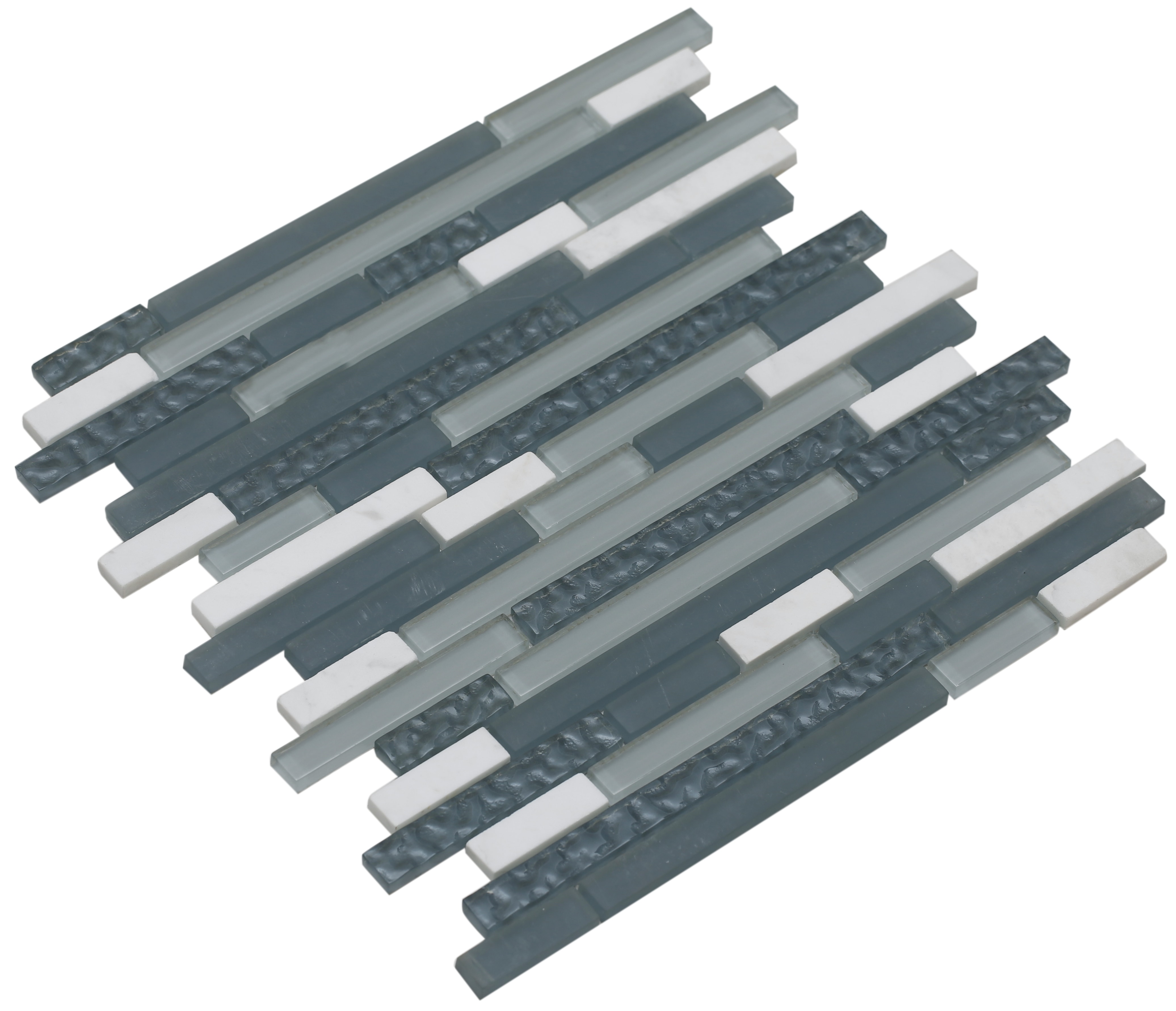 Light gray matte, shiny light silver, and shiny textured light slate gray glass with white stone / Interlocking Fara Series 0