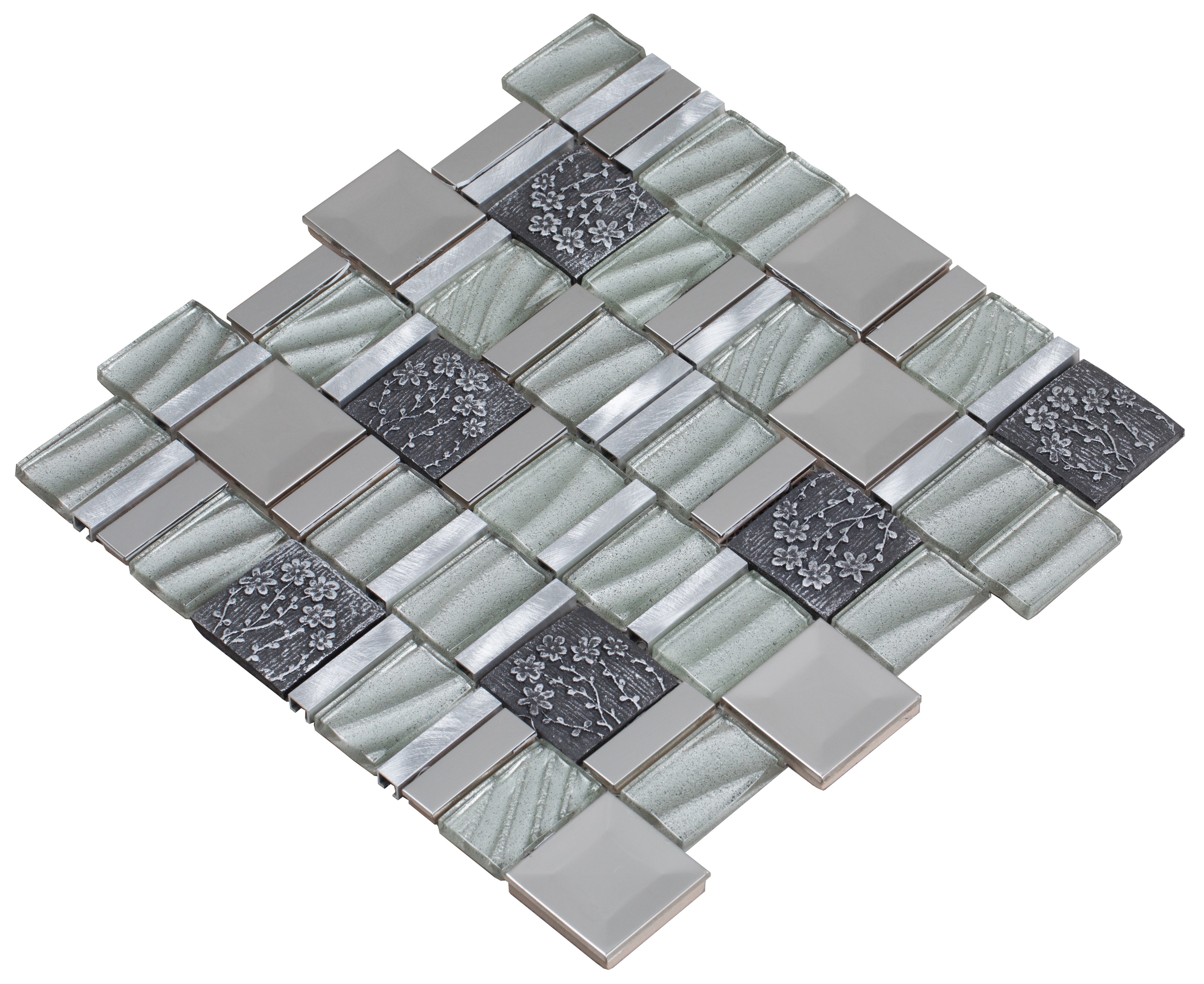 Stainless steel, hand painted ceramics, aluminum, and silver sequined glass / Interlocking Vitray Series 0
