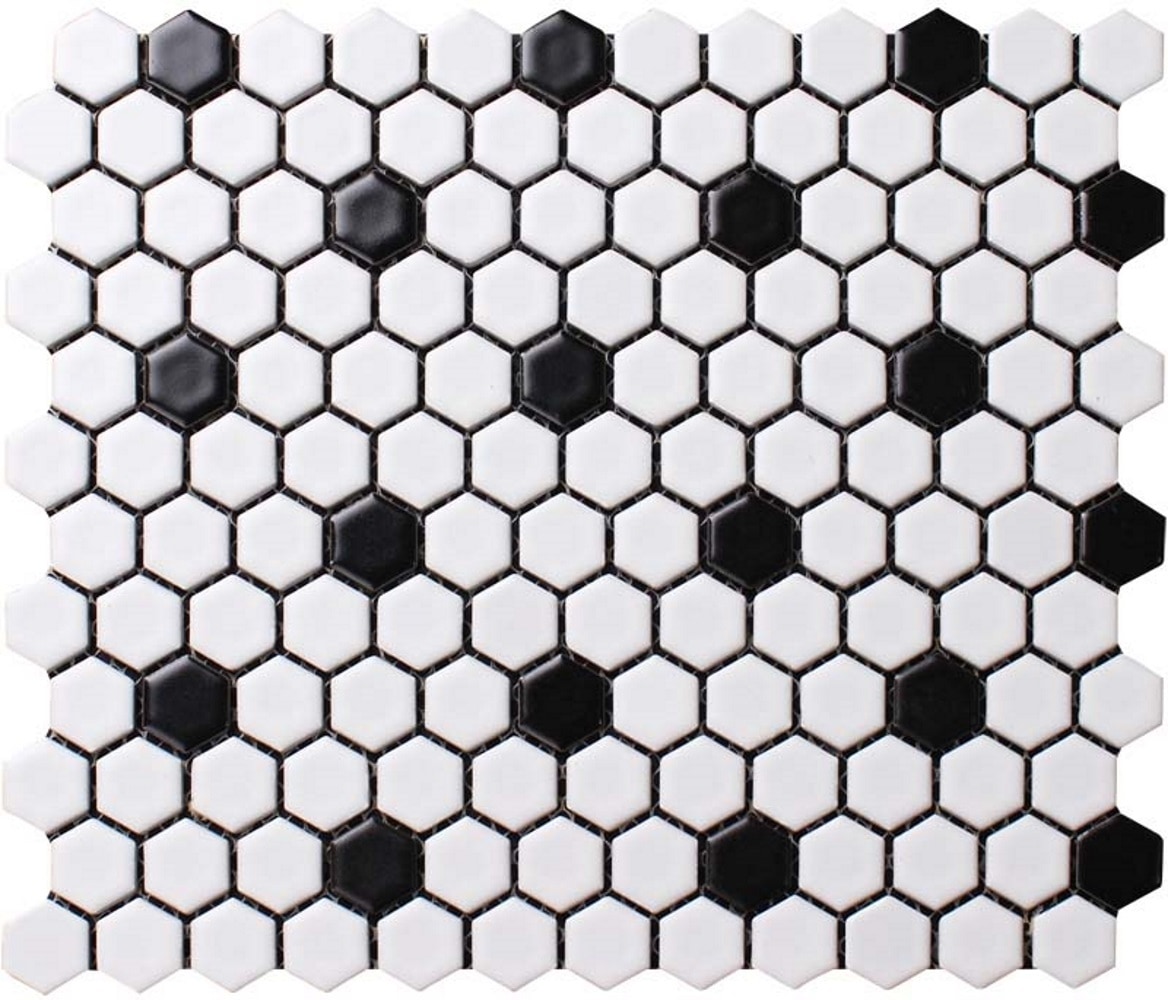11.75 x 10.25 x 0.2 inches / Matte Retro 1" Hex Porcelain Matte Floor & Wall Tile in White with Black Dot 0