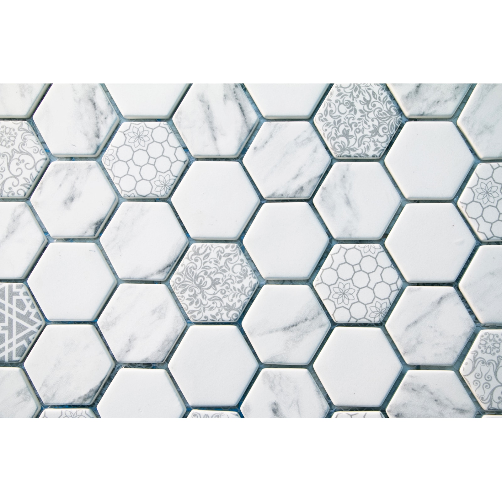 White Hexagons with Printed Patterns / 2" Hex / Matte Recycled Glass Mosaics 0