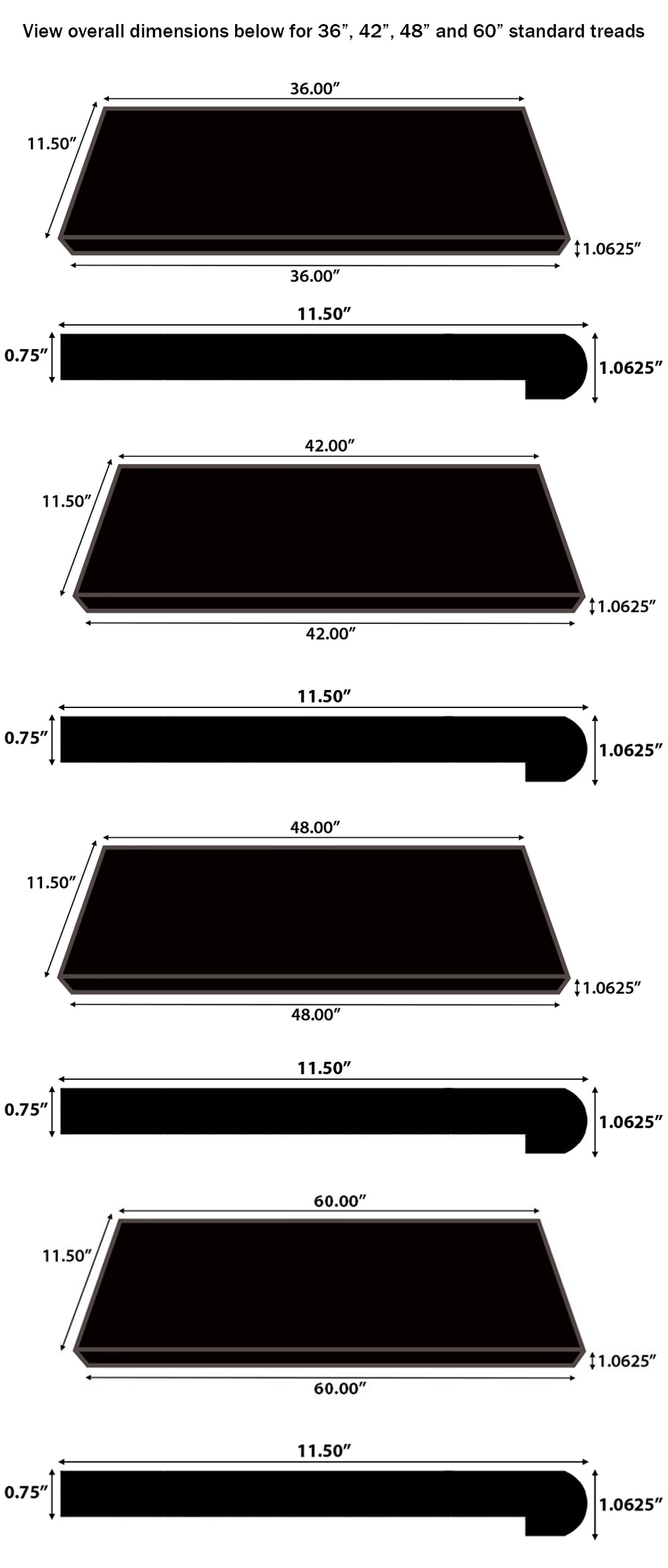 Graphite / TREAD STANDARD NO RETURN 48 / 48" x 11.5" x 0.75" / Wire Brushed Hardwood Moldings - Canadian Wirebrushed Red Oak Collection 0